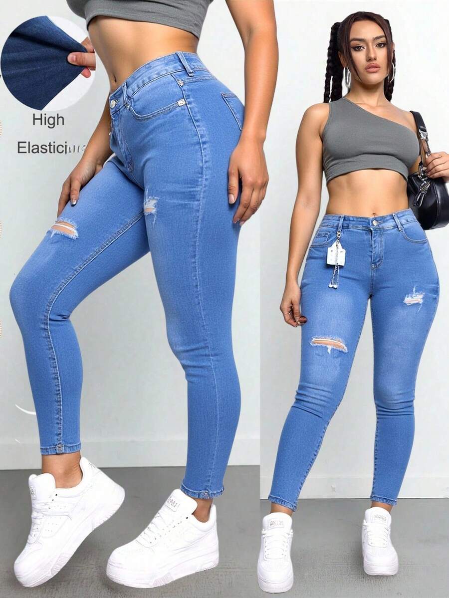 Pantalones de mezclilla azul claro de tiro alto y ajustados, con roturas, alta elasticidad, realzan glúteos y afinan la silueta, casuales, modernos y versátiles. - Lavado ligero - Ver 1