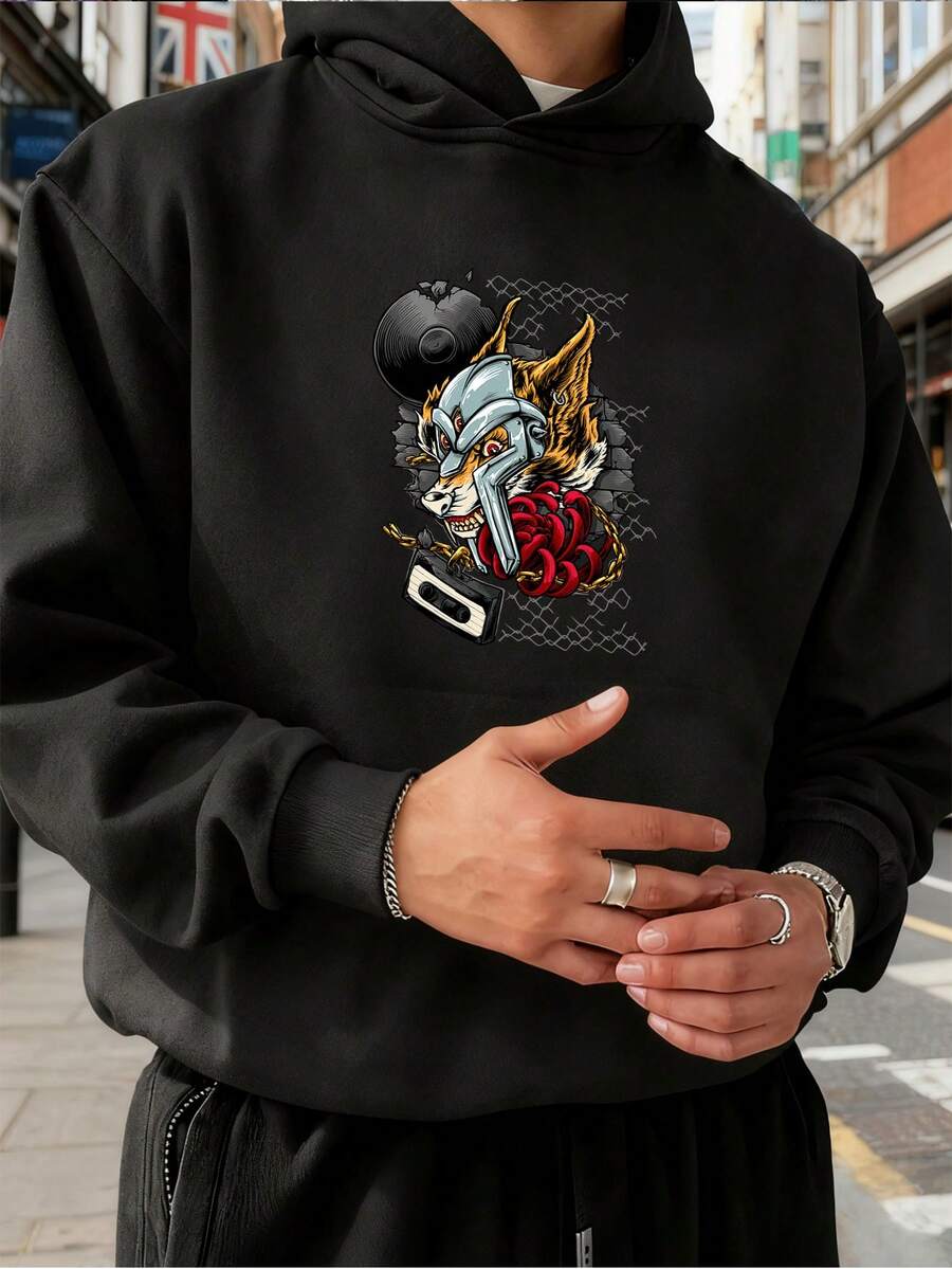 Sudadera con Capucha para Hombre, Ajuste Ligeramente Holgado, Diseño Básico, Esencial para el Armario - Negro - Ver 1