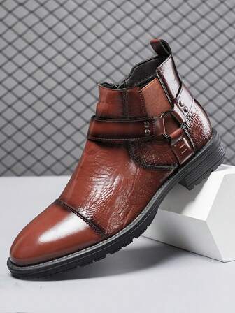 1 par herrstövlar med krokodilprägling och dubbelspänne, rund tå, mellanhöga stövlar i PU-läder, gummisula, platt klack, bekväma ankelstövlar för affärsmässiga tillfällen, lämpliga för dagligt kontorsbruk