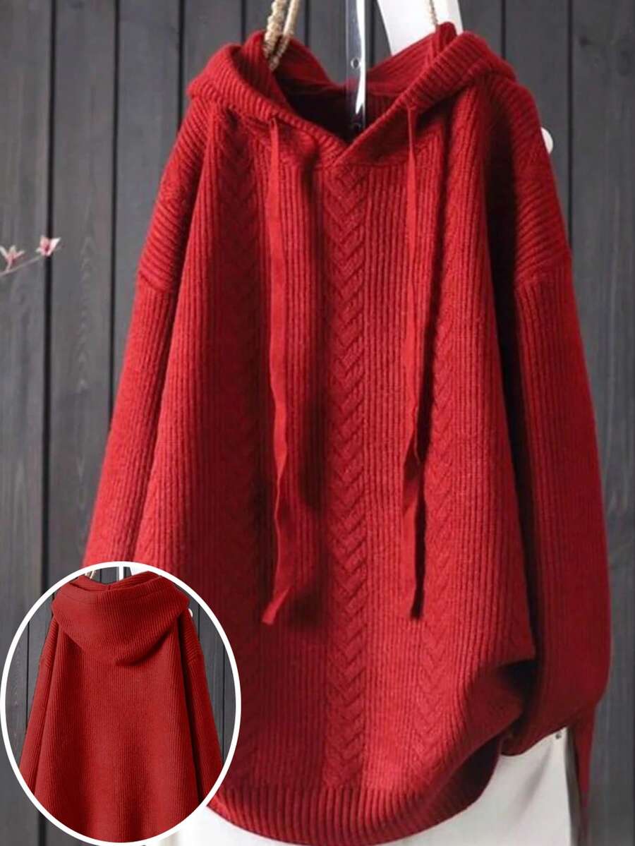JNQualytrix Plus Size Women's Cable Knit Hooded Sweatshirt, Drawstring Long Sleeve Loose Casual Pullover Hoodie Top For Autumn/Winter - Red - View 1