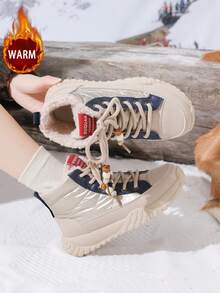 1 Pair Women's High-Top Snow Boots, Color Block, Warm Thermal Lined, Round Toe, Lace-Up, Outdoor, Suitable For Autumn/Winter