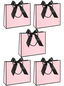 20pcs Mini Horizontal Kraft Paper Gift Bags With Bow Ribbon Handles, Horizontal Paper Gift Bags Suitable For Wedding Bridesmaid Favors, Unisex, Applicable For Birthday, Wedding, Bridesmaid Party Favors, Shopping Retail (Black & Pink)