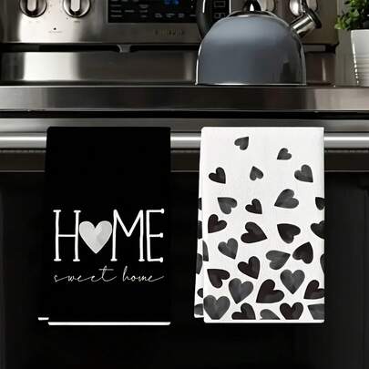 2pcs Heart Print Kitchen Towels, Soft Absorbent Microfiber Dishcloths, Decorative Tea Towel, Suitable For Kitchen Baking And Cooking Cleaning, Machine Washable, Perfect Choice For Home Bathroom Kitchen Decoration, 15.75*23.62inch
