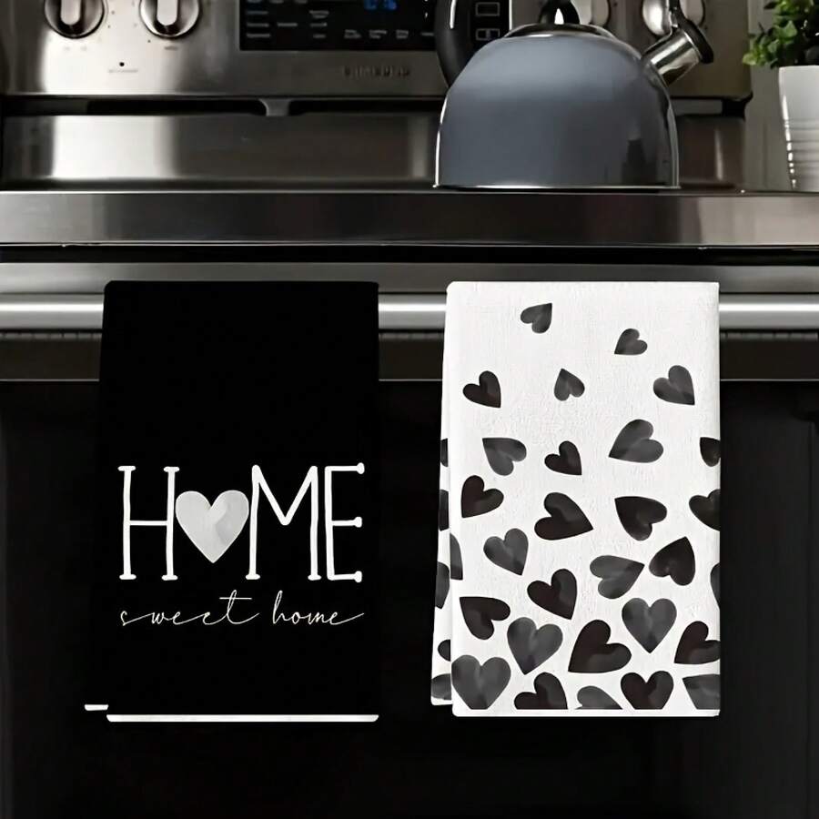 2pcs Heart Print Kitchen Towels, Soft Absorbent Microfiber Dishcloths, Decorative Tea Towel, Suitable For Kitchen Baking And Cooking Cleaning, Machine Washable, Perfect Choice For Home Bathroom Kitchen Decoration, 15.75*23.62inch - White - View 1