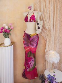 Conjunto de bikini de 3 piezas para mujer con estampado de flor de loto, diseño con lazo, falda maxi de malla, traje de baño vintage bohemio casual con tirantes finos, adecuado para vacaciones de primavera/verano, tomar el sol - Rojo - Ver 5