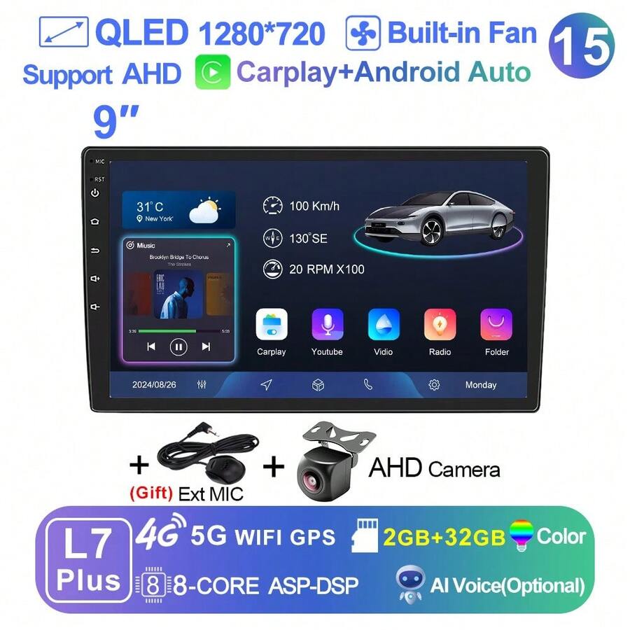 LEHX 8Core 9 pulgadas Universal 2din inalámbrico Carplay Android 15 Radio de coche reproductor de vídeo Multimedia AutoRadio navegación GPS 4G WiFi - 9-L7 Plus (2-32 GB) AHD - Ver 1