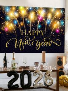 1件2026新年彩色烟花金色闪光背景布，闪亮涤纶派对横幅，新年除夕派对家居装饰拍照背景，新年庆祝用品 - 彩色 - 查看 8