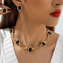 European And American Cross-Border Jewelry Palace Style Medieval Oval Geometric Necklace French Retro Niche Collarbone Chain Choker For Women - 25492-NE-G-set - Xem 9