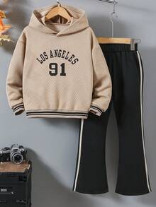 2pcs Girls Casual Letter Print Ribbed Hoodie Sweatshirt And Drawstring Pants Set, Suitable For Spring And Autumn