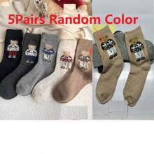 2 Pairs/5 Pairs Vintage Cartoon Polka Dot Cute Bear Mid-Calf Socks, Warm For Autumn/Winter