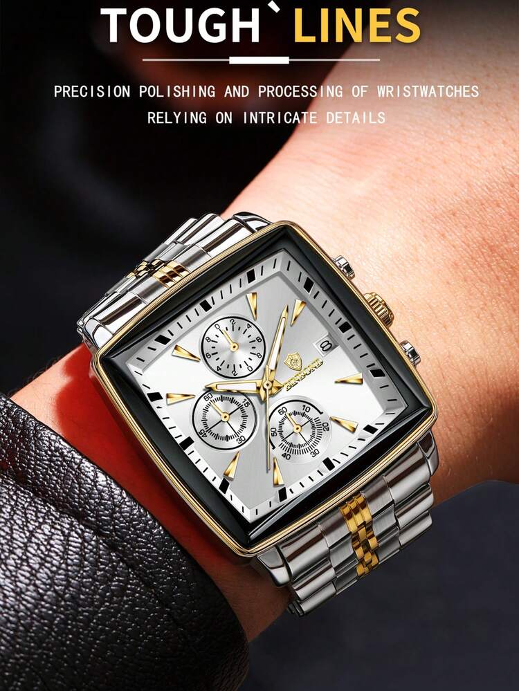 BINBOND Square Design Men's Quartz Watch, Luxury Fashion Multifunctional Chronograph Dial, Stainless Steel Case, Business & Valentine's Day Gift, Men's Quartz Watch - 白色 - 查看 5