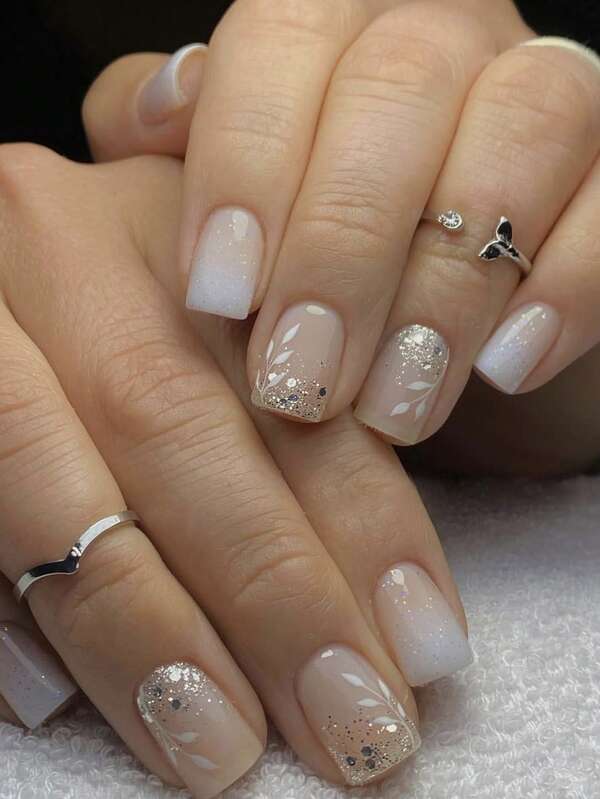 Elevate Your Style With 24pcs Elegant French Short Square Press On Nails Glossy White Nude Leaf Gradient Glitter Design Fit Perfectly Fake Nails Kit Full Cover False Nails Includes 1sheet Adhesive Tabs & 1pc Mini File For Daily Dating Office Home Party Women Jewelry Accessories False Nail Tips 1 File Strip Jelly Gel