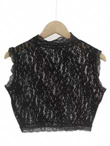 New Detachable Collar Elastic Lace Overlay Sleeveless Top With Floral Lace Trim, Plus Size, Suitable For Autumn/Winter - Multicolor - View 18