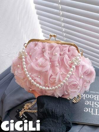 1 Pc Enchanting Pearl-Embellished Floral Clutch Bag – Romantic Pink Petal Design With Gold-Tone Chain Strap & Vintage-Inspired Bow Detail, Luxurious Handcrafted Evening Purse For Weddings & Special Occasions