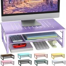 Soporte elevador de metal de 2 niveles, organizador de almacenamiento para escritorio de oficina para monitor de computadora, portátil, impresora, suministros de oficina (Morado) - Púrpura - Ver 1