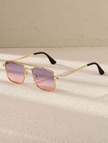 1 Pair Unisex Metal Square Double-Bridge Fashion Glasses, Eyewear For Street Style, Travel, Party - Gold - View 5