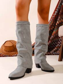 2025 Women's Pointed Toe Thick Heel Non-Slip Solid Color Fashion Slip-On Over-The-Knee Boots, Autumn/Winter