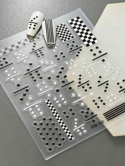 1 pezzo Adesivo per unghie minimalista a pois bianco e nero, Adesivo per unghie a scacchiera 5D, Adesivo per unghie a motivo di linee a stella, Accessori per arte di unghie adatti per le donne