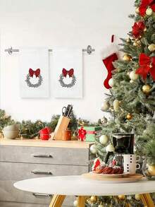 1/2/4Pcs Christmas Festivepc 15.7*23.6 INCH Mary Square Traditional Festival Christmas Wreath Dishcloth Red Bow Kitchen Towel Bathroom Hand Tea Towel - Red - View 4