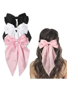 3 Pcs Hair Bows Clips For Women, Black Bow White Bow Pink Bows Bow Hair Clips For Women Ribbons Bow Barrettes Satin Hair Bows Long Tail Clips On Bows Party Hair Accessories, Hair Barrettes Claw Clips, School Stuff, Valentines Accessories, Head Accessories - Multicolor - View 6