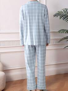 Conjunto de pijama para hombre, camisa de manga larga con cuello, bolsillo y estampado a cuadros en contraste, y pantalón largo, ropa de casa casual y cómoda, para primavera/otoño - Azul y blanco - Ver 5