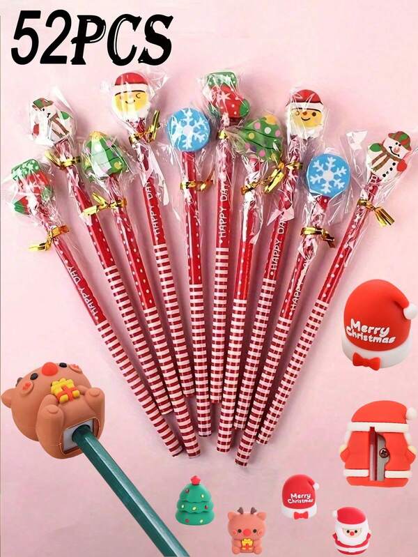 52 lápis de desenho animado de Natal com borrachas, lápis de desenho para presente, artigos de papelaria criativos, esboços para estudantes, lápis de desenho, lápis HB para aprender a escrever de volta às aulas, materiais criativos para estudantes, materiais de escritório para professores, adequados como presentes de Natal (estilos aleatórios)