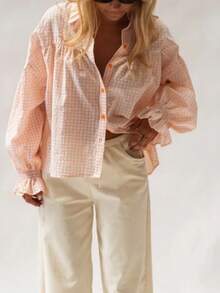 Women's Fashionable Plaid Regular Blouse With Collar, Button Front, And Long Ruffle Sleeves Spring - Yellow - View 3