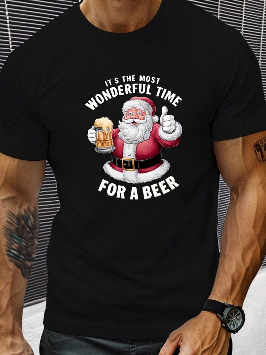 Camiseta de algodón navideña mexicana única para hombre con patrones impresos, adecuada para Halloween, Navidad, Acción de Gracias, Nochevieja, regalos y fiestas. - Negro - Ver 1