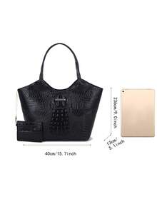 2pcs Elegant Women's Tote,Elegant Large-Capacity Women's Tote | Solid-Color Crocodile-Patterned PU Bag With Secure Zipper, Multi-Pockets, Fixed Strap - Suitable For Work & Outings - 黑色 - 查看 8