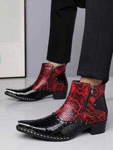 1 Pair Men's Pointed Toe Metal Rivet Side Chain High-Top Punk Style Chelsea Boots, PU Leather Upper, Rubber Sole, Comfortable Casual Everyday Wear - Red - View 4