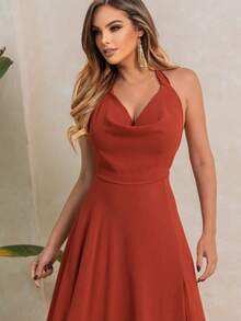 Yasmin Halter Neck Long Dress With Tie Straps, Wedding And Graduation Party Dress, Flowing Long Skirt With Lining And Slit, NM Nana Marie - 紅陶 - 查看 4