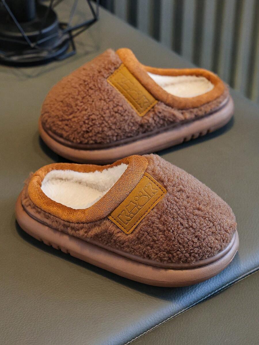 儿童秋冬拖鞋,简约设计,男童室内家居防滑保暖毛绒,女童厚毛绒拖鞋 - 棕色 - 查看 1