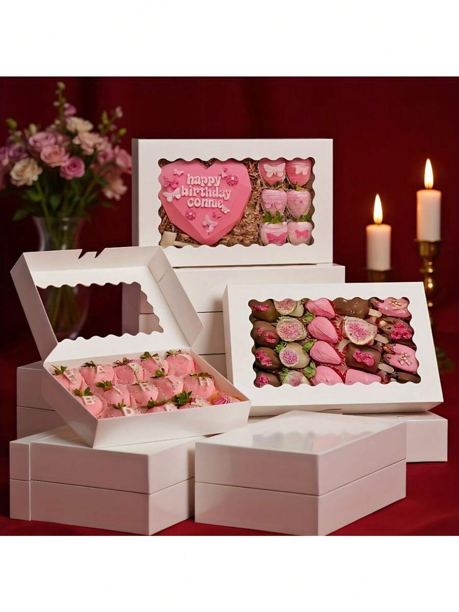 6/12pcs Auto-Pop-Up Baking Boxes With Window, 12"X8"X2.5", Large White Gift Boxes For Candy, Pastries, Chocolate, Strawberries, Cakes, Donuts, Muffins - White - View 1