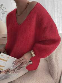Women's V-Neck Solid Color Fine Velvet Knitted Sweater, Autumn/Winter - Red - View 3