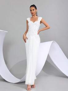 Vestido largo ajustado con hombros descubiertos, cuello de corazón, decoración de diamantes y cuentas brillantes, elegante para cenas formales, invitadas de boda