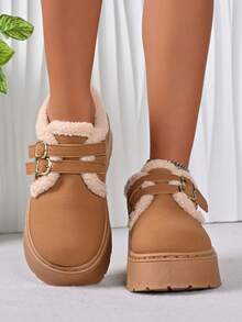 秋冬季女士厚底雪地靴，保暖内衬，带毛皮 - 棕色 - 查看 2