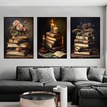 1 Stück / 3 Stücke ungerahmte Leinwandmalerei Vintage Buch Wandkunst, Buch LeinwandmalerMusteruck Heimdekoration, verlassene gotische Bibliothek, dunkle College Dekoration Poster, antike viktorianische Raumdekoration