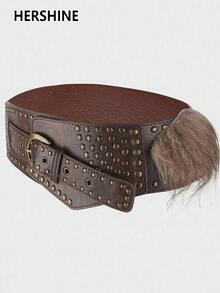 Hershine 1 szt. damski brązowy, futrzany, ozdobny, szeroki pas w stylu Western Boho, zdobiony nitami, wszechstronny dodatek do sukienek, odpowiedni na zewnątrz, na imprezę i do pracy, spersonalizowany dodatek do odzieży, klasyczny pasek do koszul, spodni i sukienek, odpowiedni na spotkania, imprezy, Halloween i Boże Narodzenie, wielofunkcyjny dodatek, idealny prezent dla rodziny i przyjaciół na Boże Narodzenie, Halloween i Święto Dziękczynienia