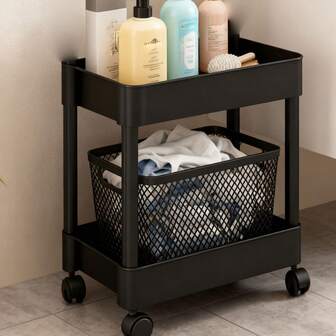 2-Tier Utility Rolling Cart Storage Organizer Sofa Side Table With Wheels, Under Desk Mobile Trolley Organizer With Handle For Office Home Kitchen Organization,Black ﻿