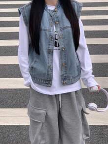 Fashionable Versatile Denim Vest For Women, Loose Casual Sleeveless, Spring/Autumn - Blue - View 1