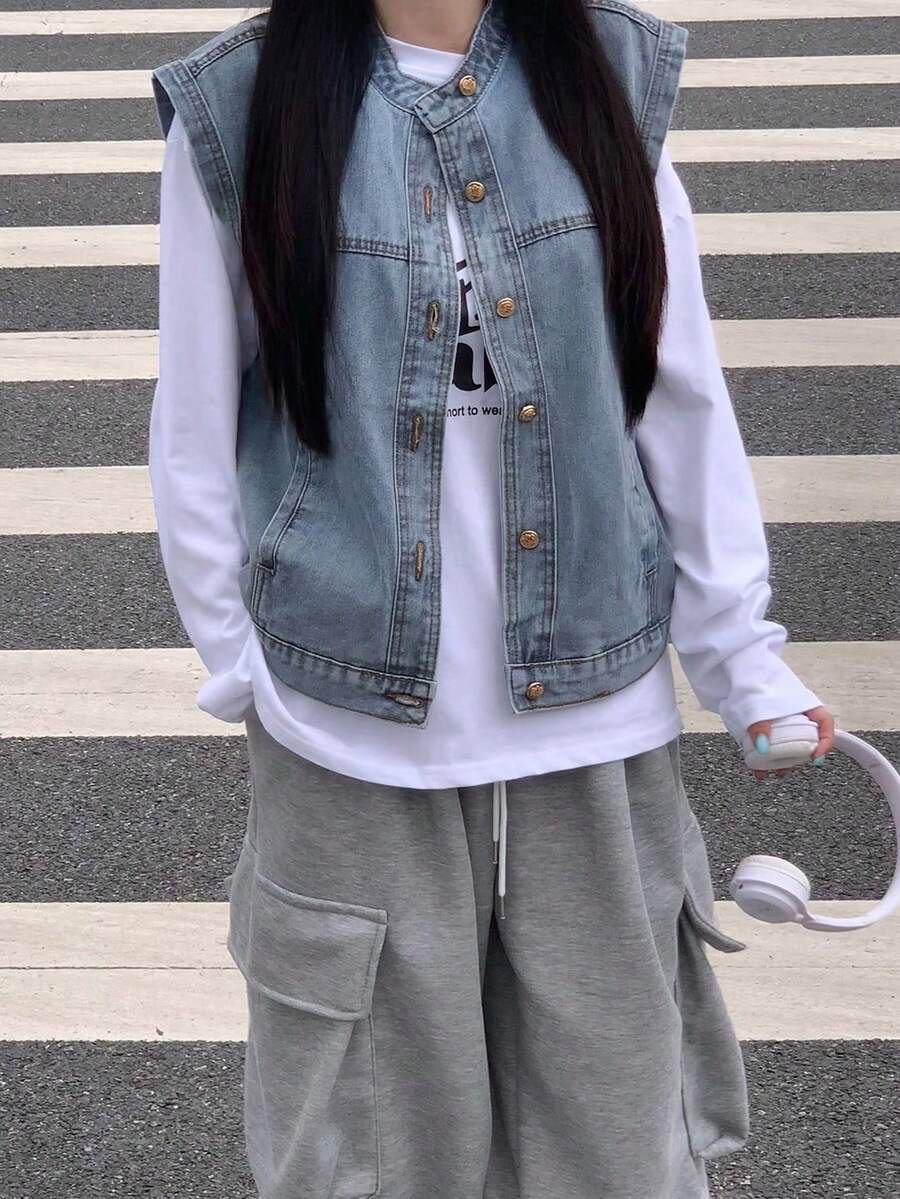 Fashionable Versatile Denim Vest For Women, Loose Casual Sleeveless, Spring/Autumn - Blue - View 1