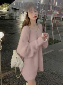 Women's Solid Color Loose V-Neck Long Sleeve Pullover Sweater Pink - Pink - View 4