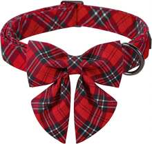 Christmas Dog Collar With Soft Cotton Red Plaid Christmas Bowtie Anetal Buckle,26170755 - 黑色 - 查看 1