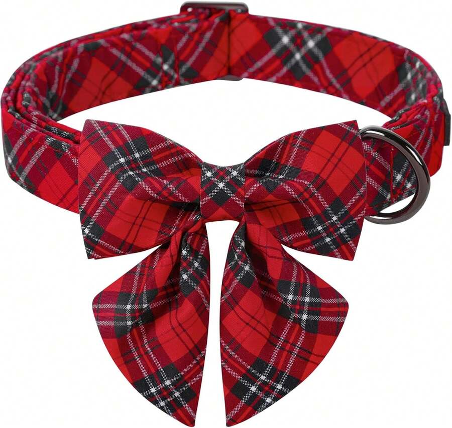 Christmas Dog Collar With Soft Cotton Red Plaid Christmas Bowtie Anetal Buckle,26170755 - 黑色 - 查看 1