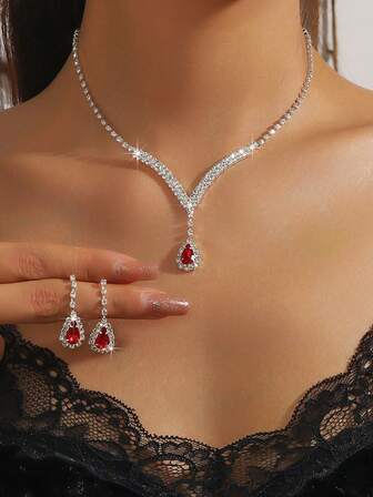 1 Set Cubic Zirconia Tassel Necklace And Earrings Jewelry Set, Bridal Wedding Accessories