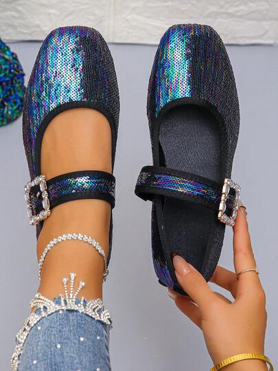 Spring & Autumn New Fashion Mary Jane Flats, Outdoor Wear With Dresses, Sweet Style, Elegant Square Toe Low Vamp Gradient Color Sequin Flat Shoes For Women, Size 36-43