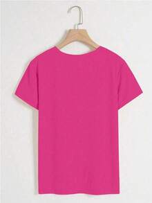 FNI Fusion Women's Plain Casual Versatile Crew Neck Short Sleeve T-ShirtOversized Casual Going Out Tops Women, Perfect For Vacation Outfits Women & Valentine's Day Date Looks,For Daily & Holiday Wear,Pink Tee - 玫紅色 - 查看 2