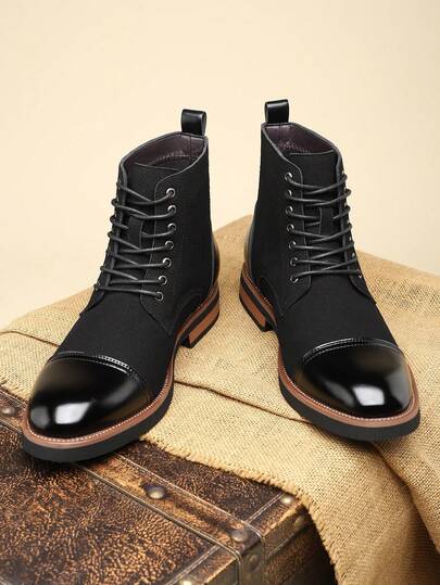 1 Pair Men's Color Block Round Toe Mid-Calf Lace-Up Faux Leather Upper Rubber Sole Flat Heel Durable Business Casual Work Boots, Autumn/Winter