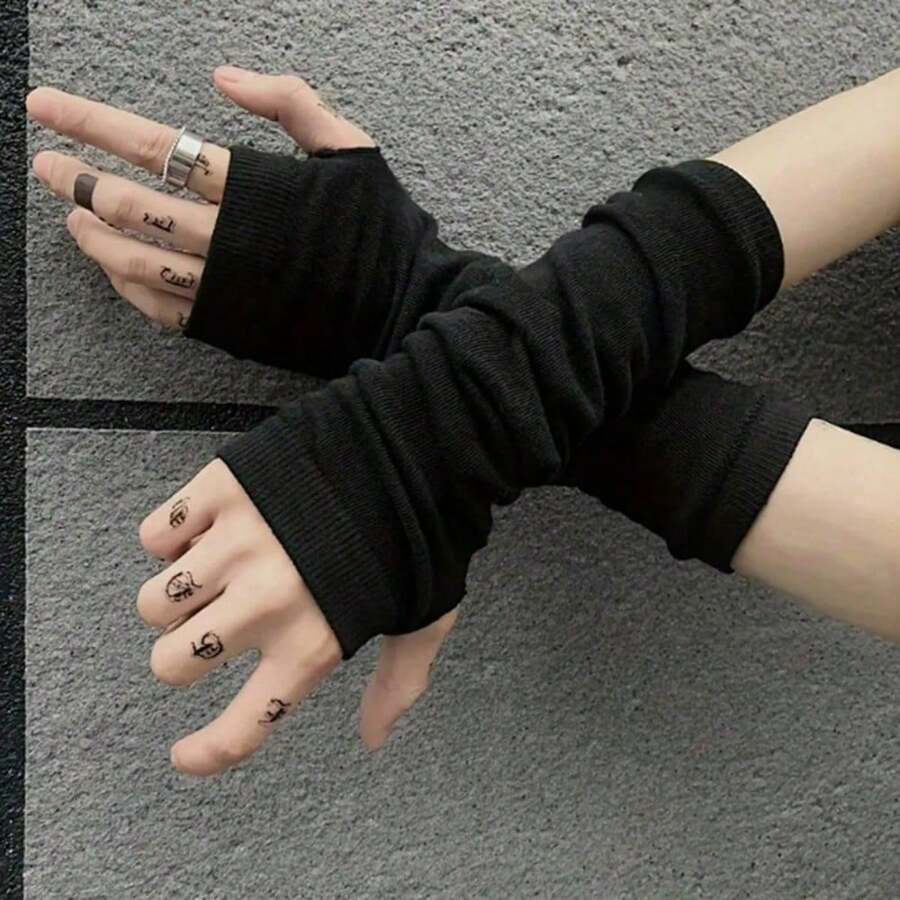 1 Pair Finger Sleeve Gloves, Retro BF Street Style Dark Color Men's Fashion Gloves - Black - View 1