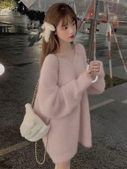 女式纯色宽松V领长袖套头衫